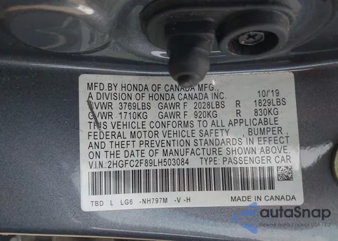 2020 Honda Civic Sport z USA, uszkodzony, nr VIN 2HGFC2F89LH503084